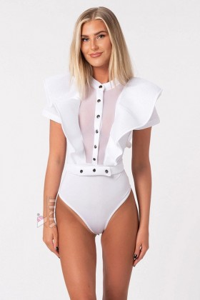 White Bodysuit with Belt and 3-D Frills on Shoulders