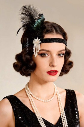 1920s Hairband with Feathers and Pearl Pendant