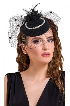 Black Evening Hat with Veil and Pearls