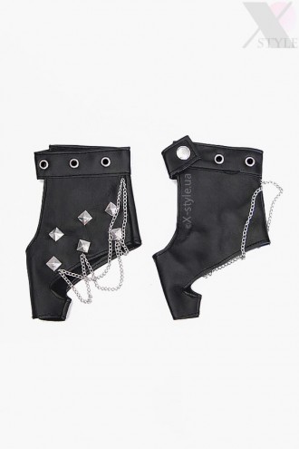 Women's Faux Leather Fingerless Gloves with Chains and Studs C1186 (601186)