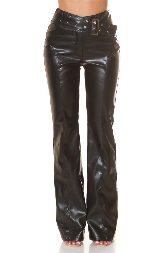 Wide Faux Leather Flared Pants with Belt KC8129