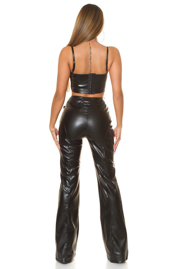 Wide Faux Leather Flared Pants with Belt KC8129