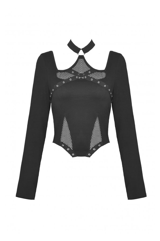 Turtleneck Longsleeve Top with Choker and Straps