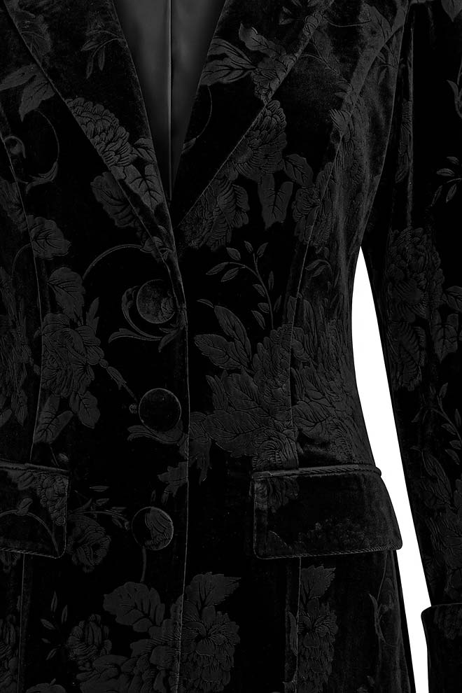 Длинное черное платье-пальто с цветочным узором