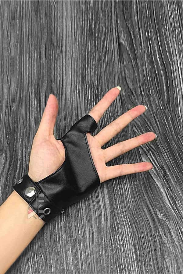 Women's Faux Leather Fingerless Gloves with Chains and Studs C1186