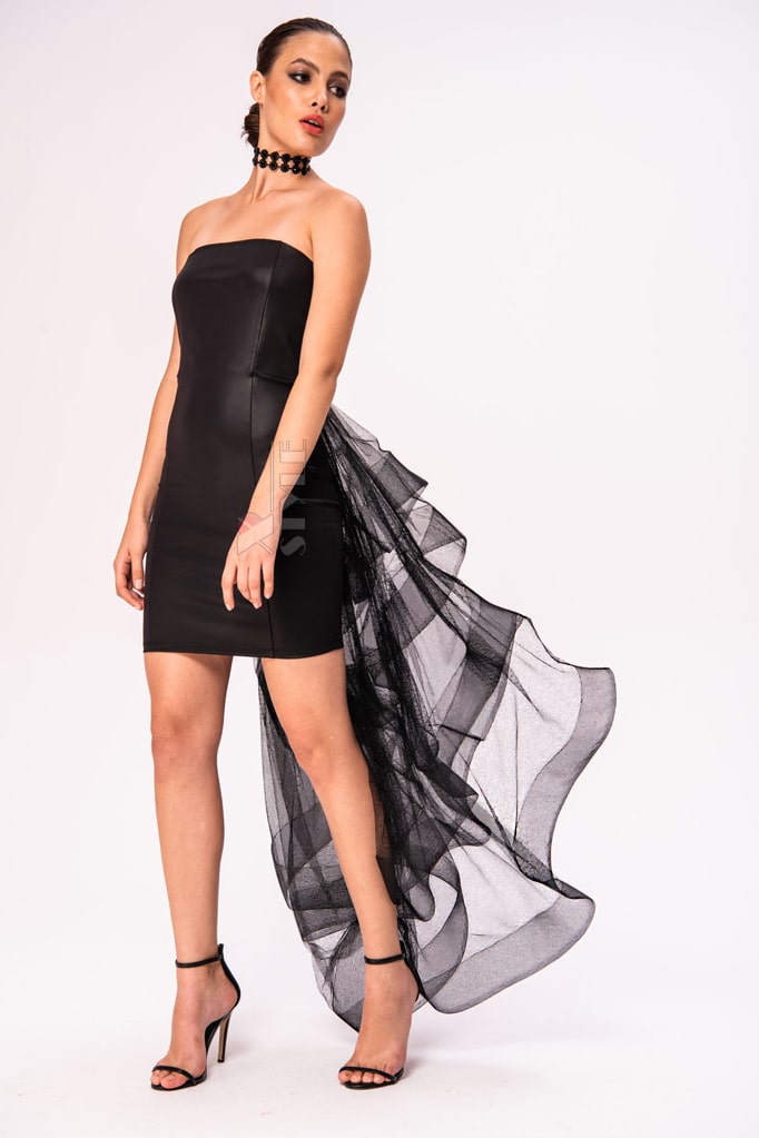 Leather Off Shoulder Dress with Transparent Train X5454