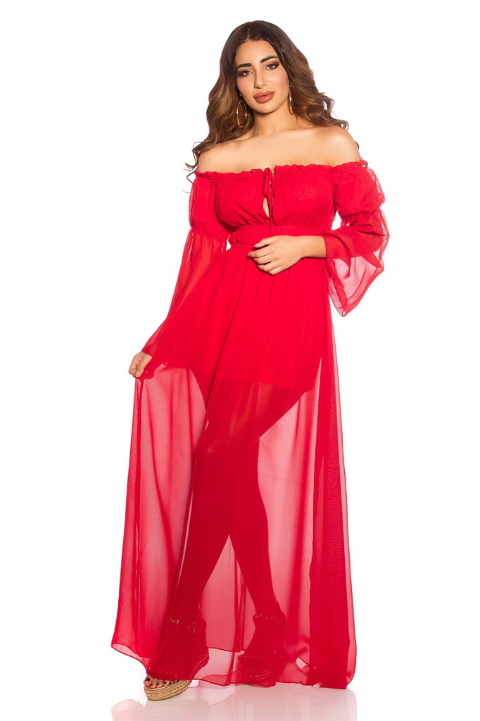 Red Chiffon Off Shoulder Dress