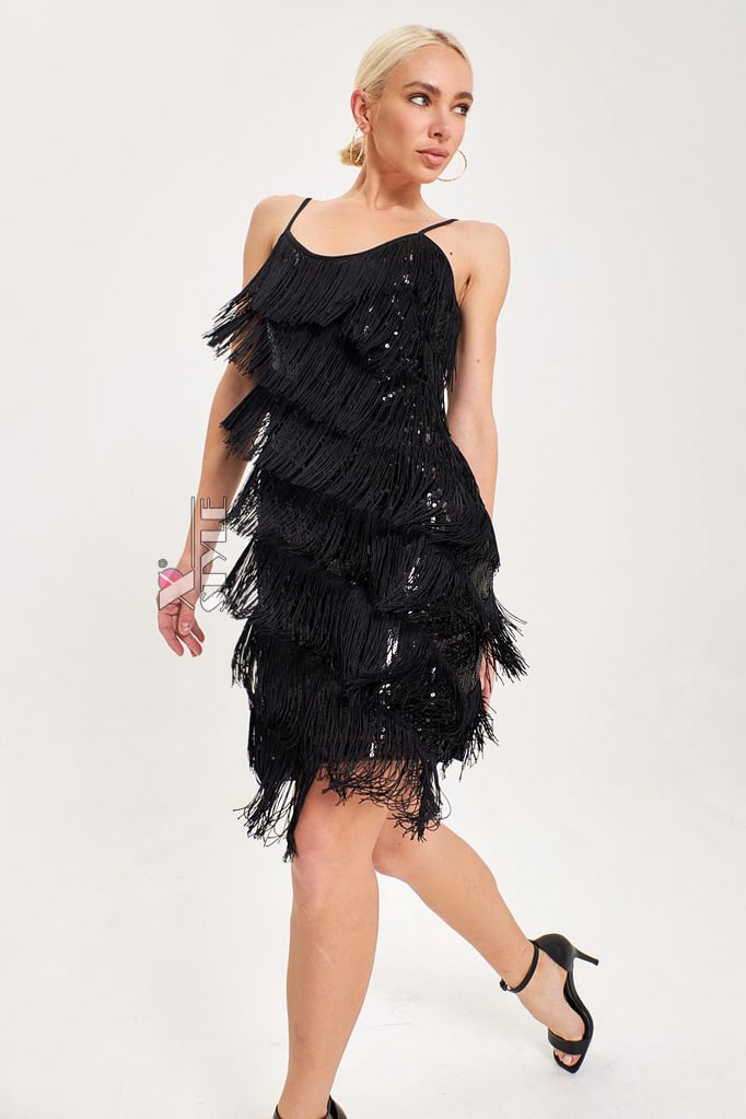 Black Glitter Dress with Fringe X5585