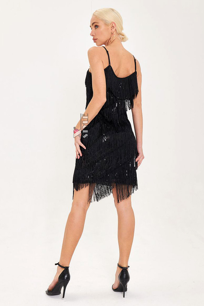 Black Glitter Dress with Fringe X5585