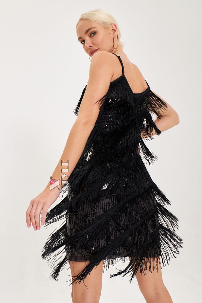 Black Glitter Dress with Fringe X5585