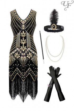 Gatsby Girl Costume (dress, gloves, headband, necklace, cigarette holder)