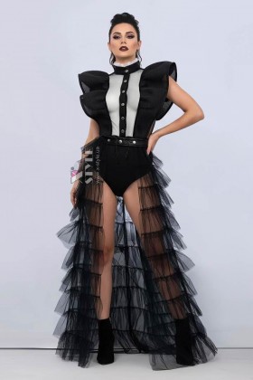 Длинная черная накладная юбка-шлейф X72171