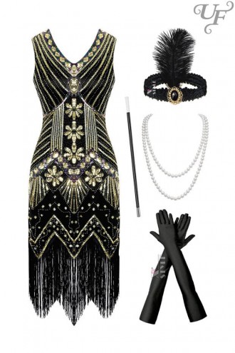 Gatsby Girl Costume (dress, gloves, headband, necklace, cigarette holder) (611047)