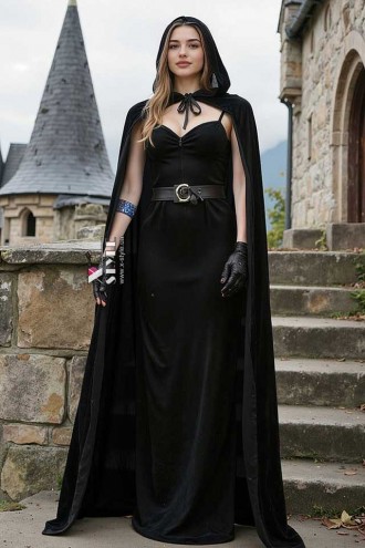 Long Black Velvet Hooded Cape (1220051)