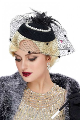 Black Evening Hat with Veil and Pearls (502019)