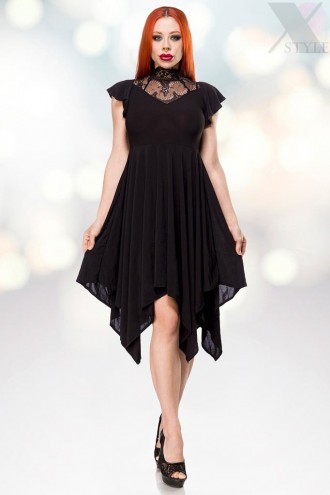 Asymmetric Dress with Lace and Cap Sleeves (105556)