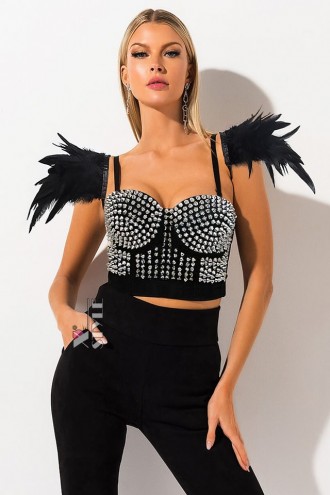 Black Bustier with Spikes and Feathers (102225)