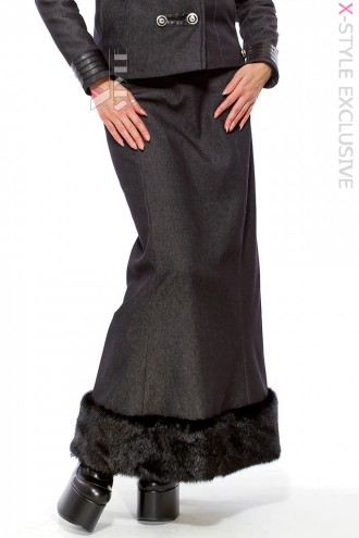X-Style Long Denim Fleece Skirt with Faux Fur (107081)