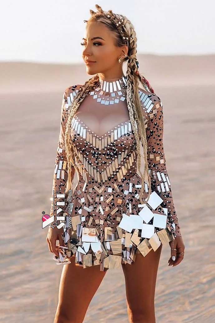 Selina Nude-Colored Mirror Bodysuit Dress