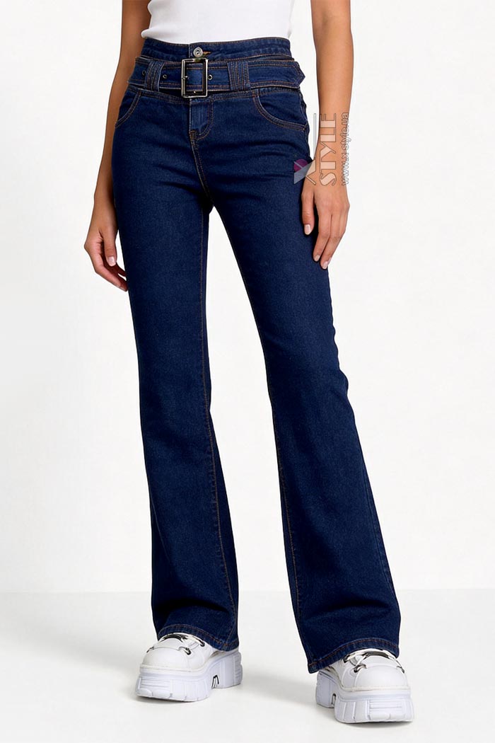 Сині джинси кльош з поясом X8117