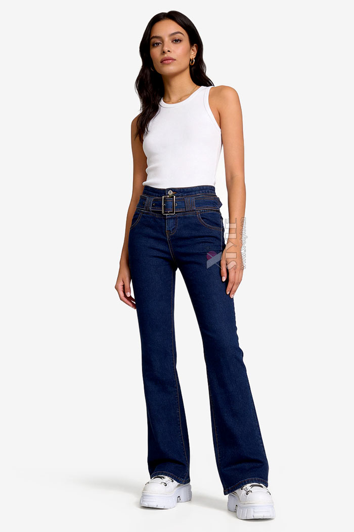 Сині джинси кльош з поясом X8117