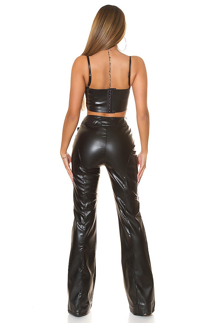 Wide Faux Leather Flared Pants with Belt KC8129