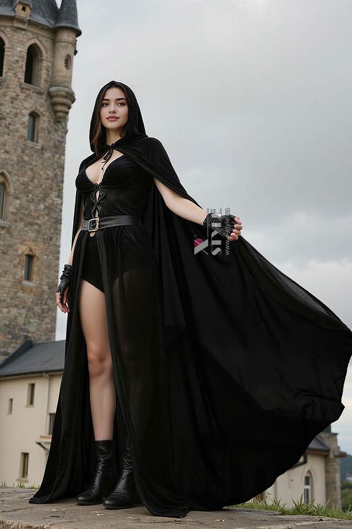 Long Black Velvet Hooded Cape