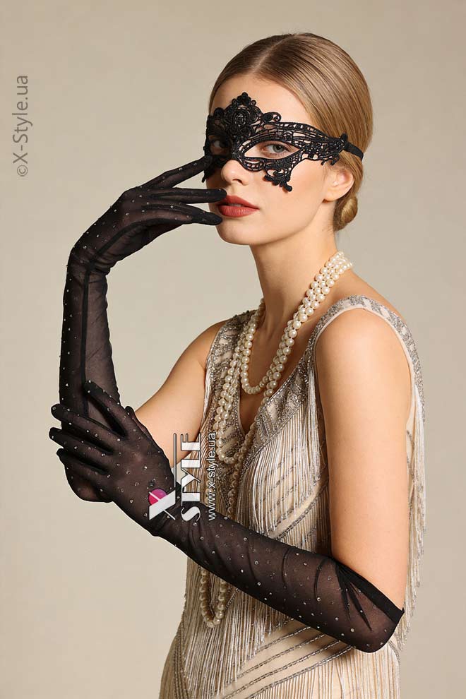 Длинные прозрачные перчатки со стразами и маска