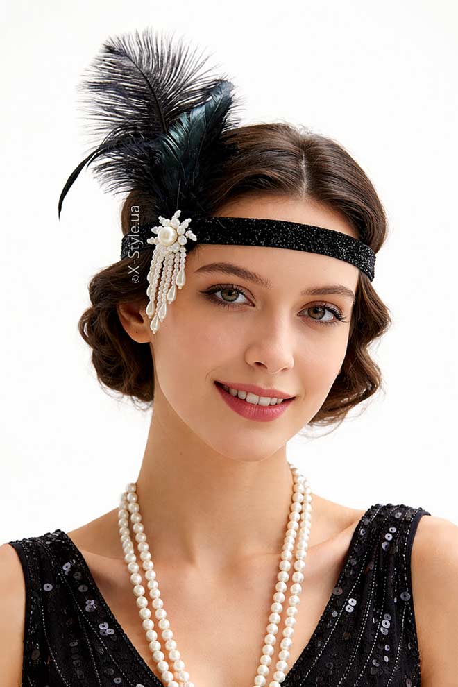 Повязка для волос с перьями и жемчужной подвеской