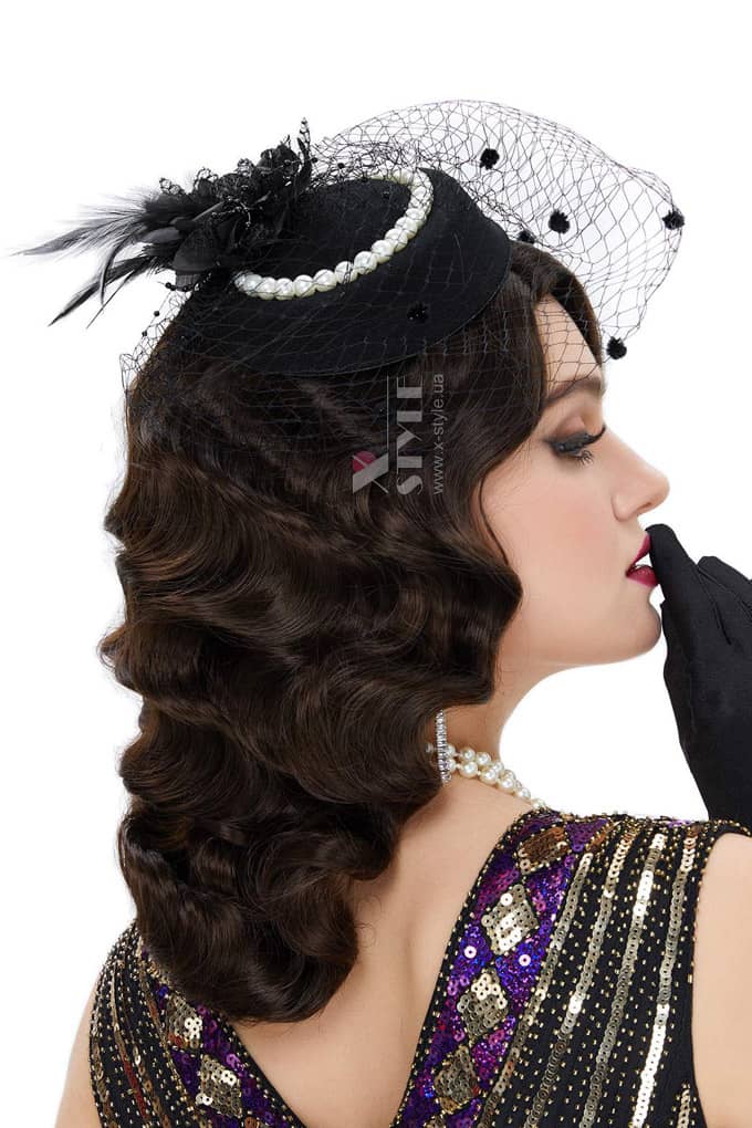 Black Evening Hat with Veil and Pearls