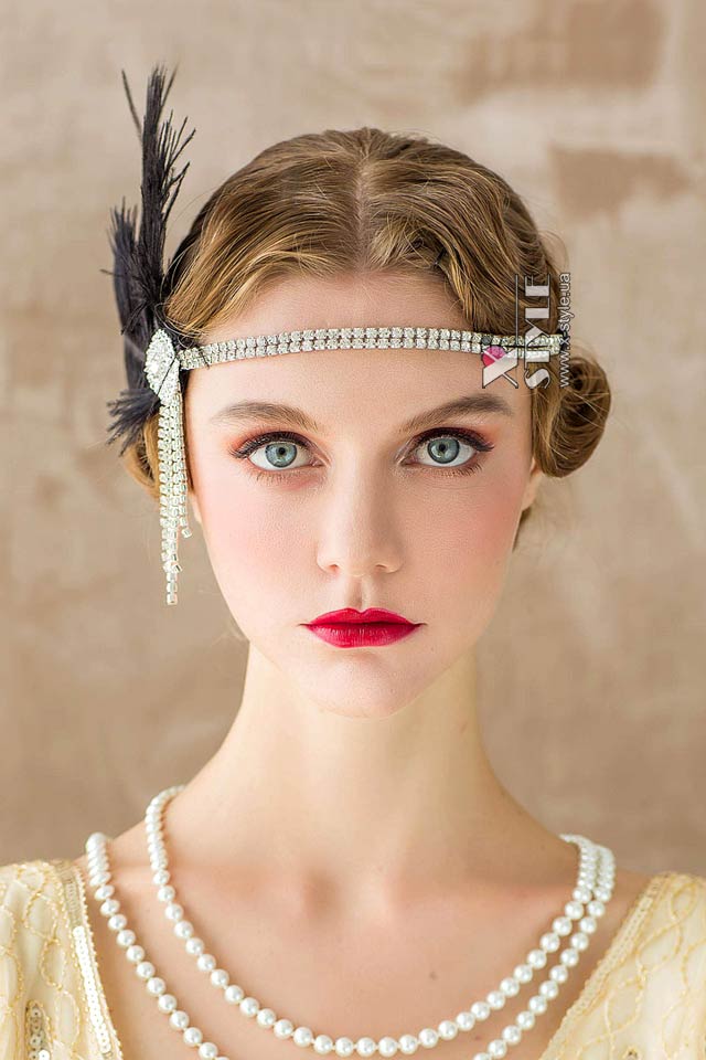 Повязка в стиле Гэтсби с камнями и перьями