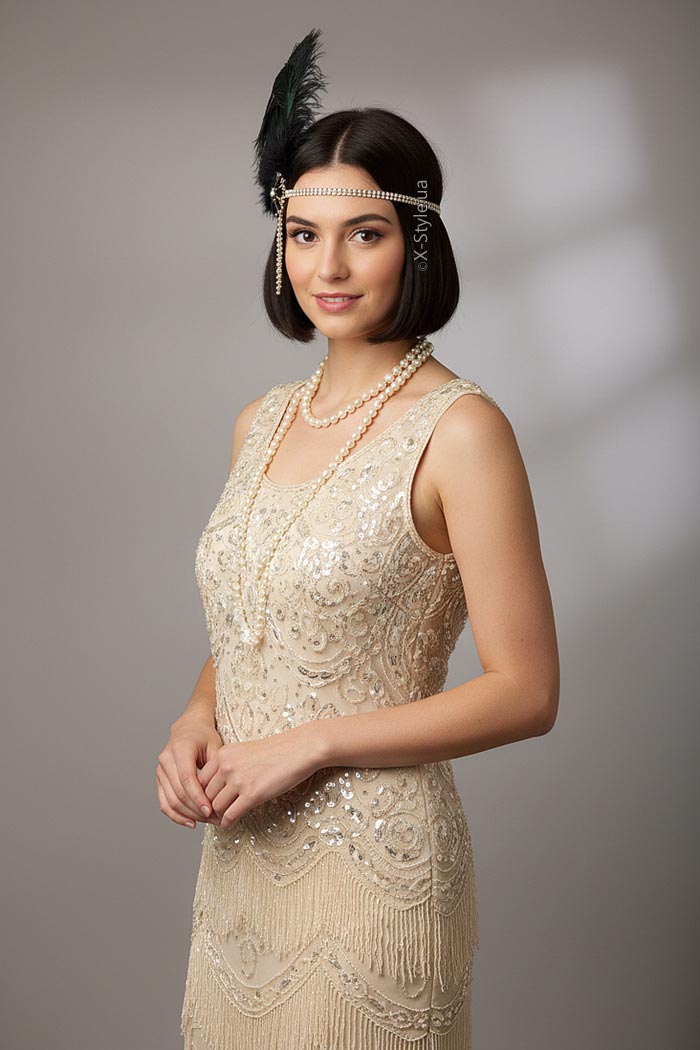 Повязка Gatsby с камнями и пышными перьями