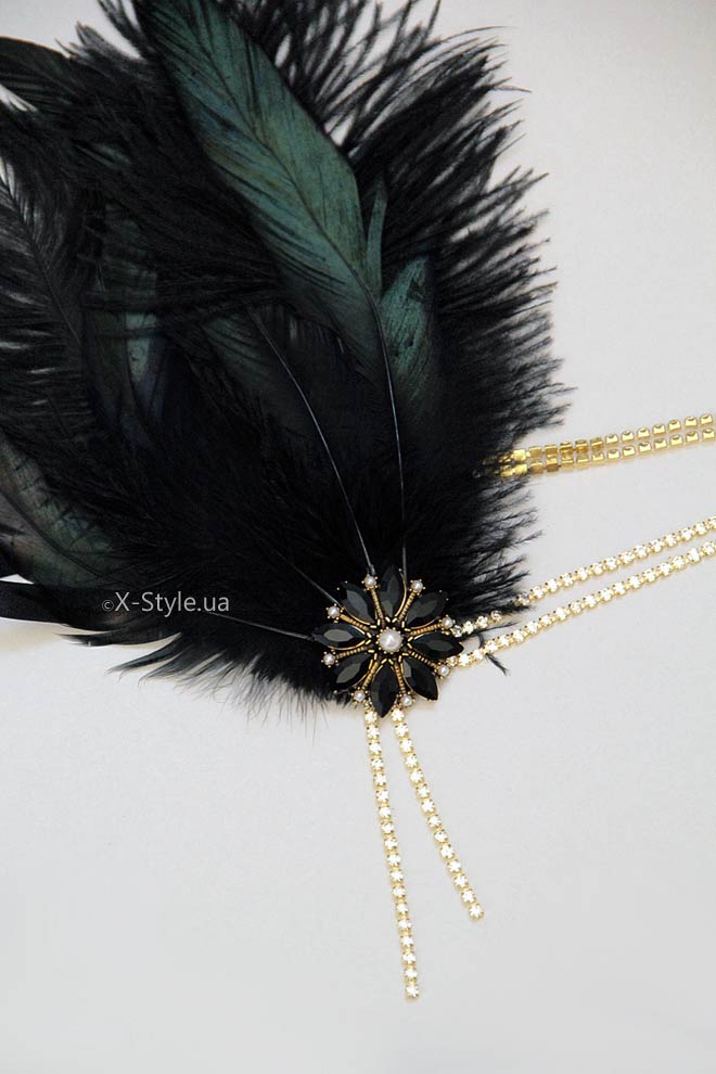 Повязка Gatsby с камнями и пышными перьями