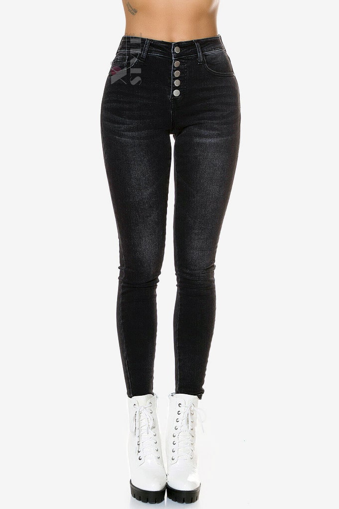 Women's Skinny Black Jeans with Buttons RJ123