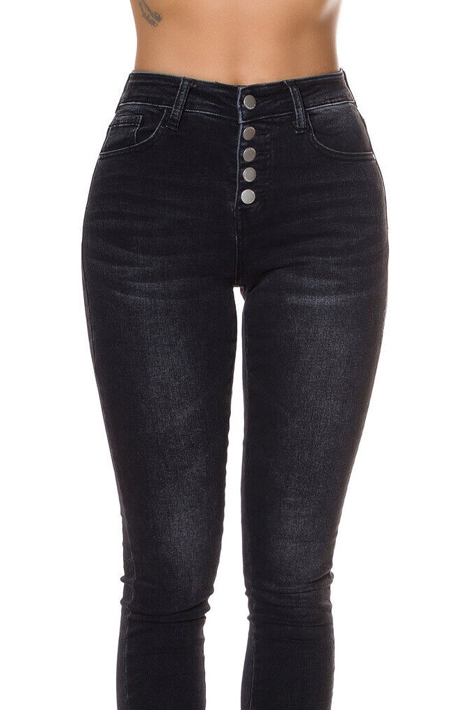 Women's Skinny Black Jeans with Buttons RJ123