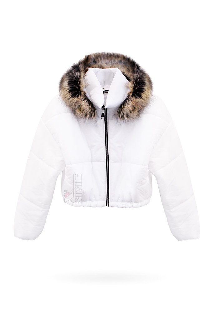 Padded White Women's Jacket with Hood and Fur E2037