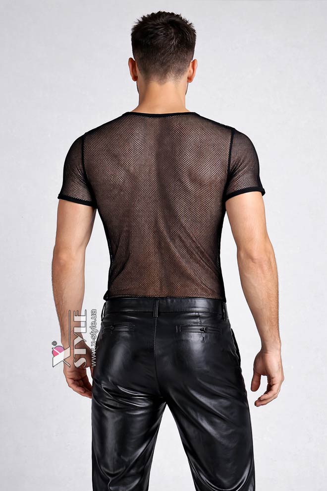 Приталенный черный топ сетка с коротким рукавом X024B