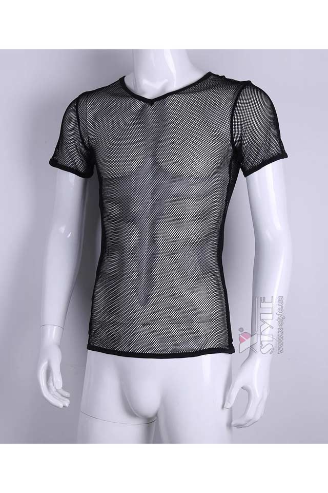 Приталенный черный топ сетка с коротким рукавом X024B