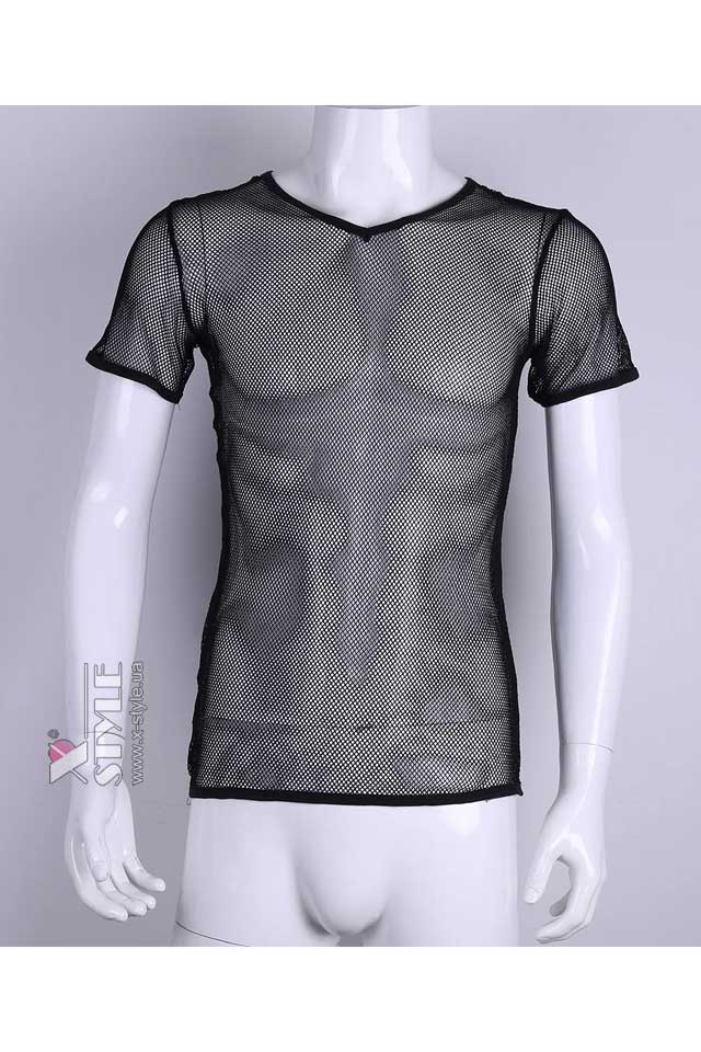 Приталенный черный топ сетка с коротким рукавом X024B