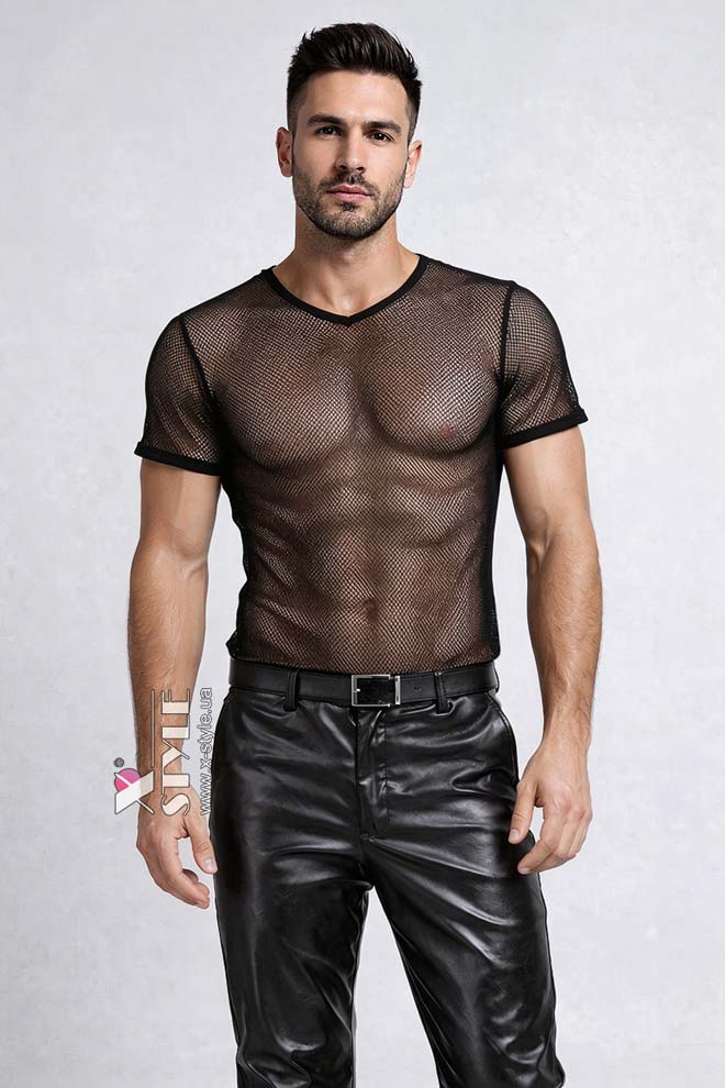 Приталенный черный топ сетка с коротким рукавом X024B (202024)