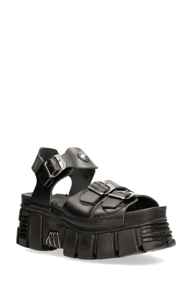 Bios Black Leather Platform Sandals