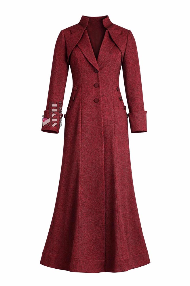 Длинное приталенное платье-пальто бордового цвета