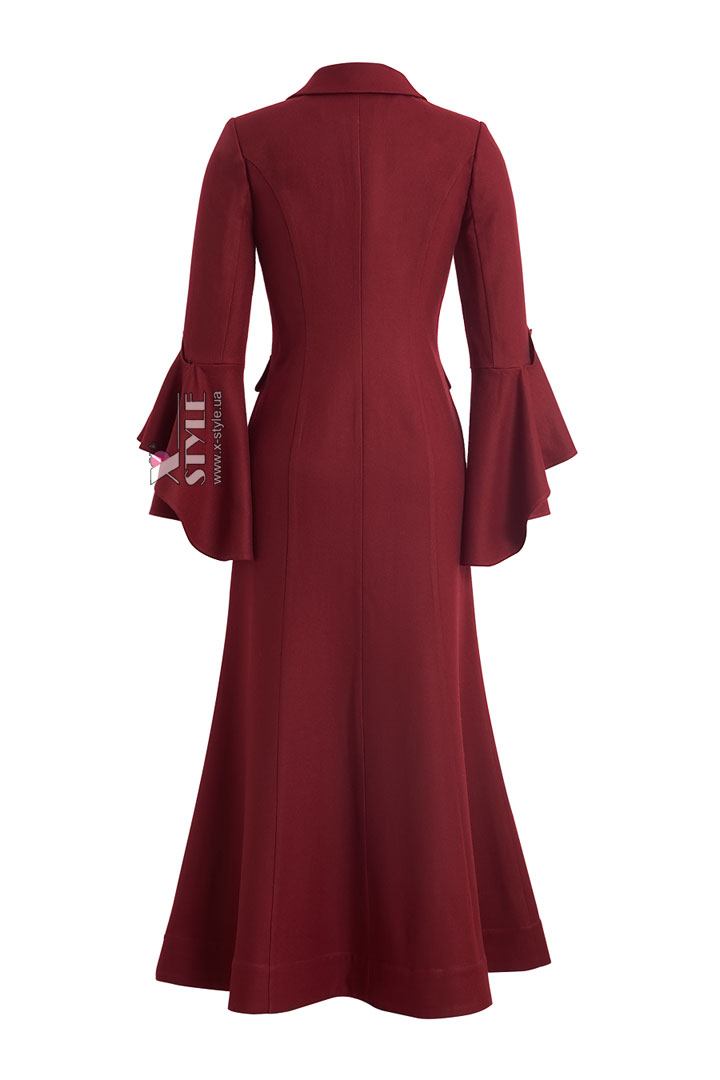 Длинное приталенное шерстяное платье-пальто бордового цвета