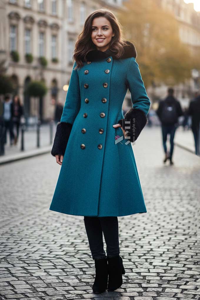 Зимнее шерстяное пальто с капюшоном и мехом X92