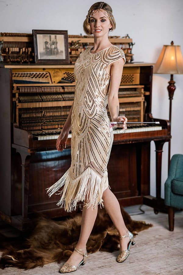 Sequin Party Fringe Gatsby Dress Champagne buy online store Xstyle 105524