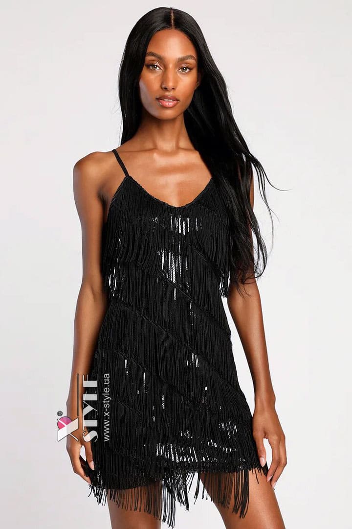 Black Glitter Dress with Fringe X5585