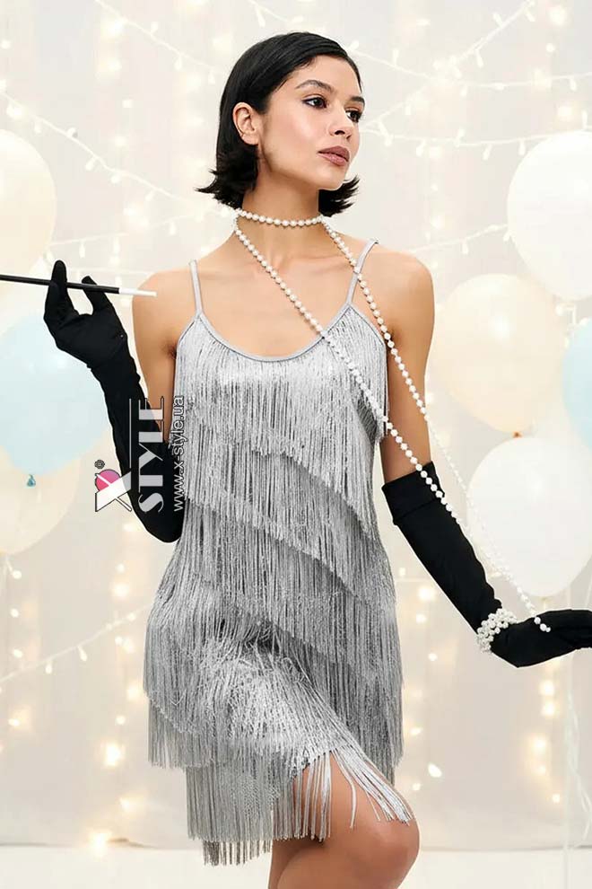 Блискуче сріблясте плаття з бахромою XC587