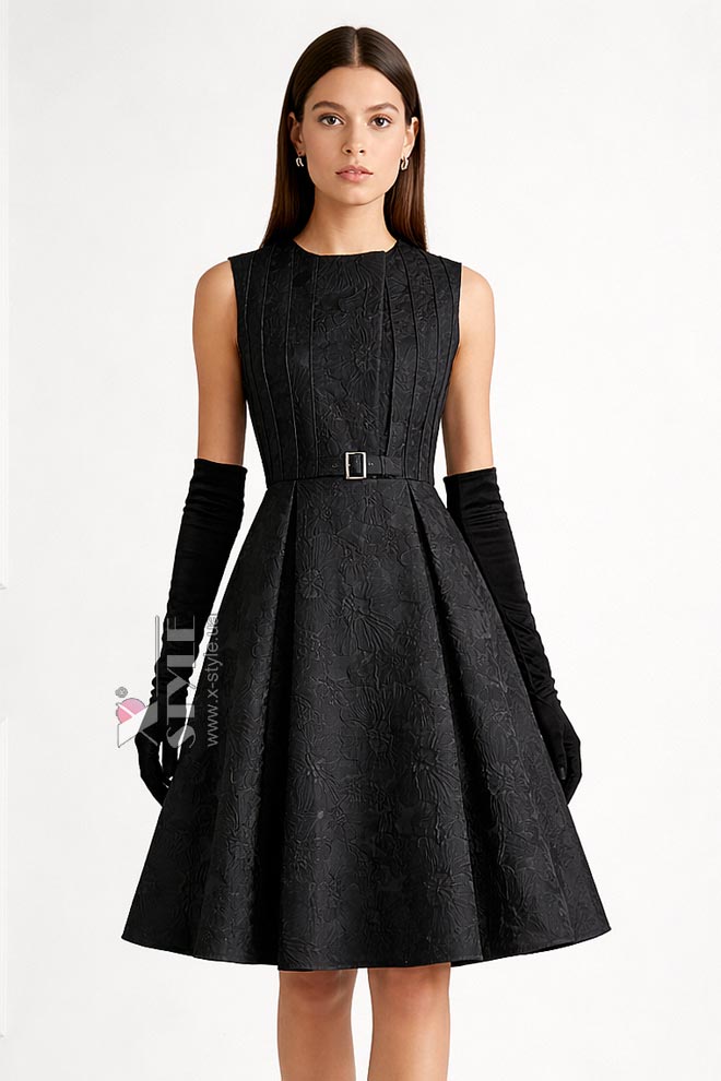 Jacquard evening dress with a floral pattern and belt (105605)