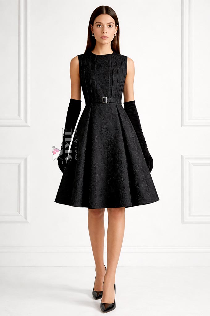 Jacquard evening dress with a floral pattern and belt