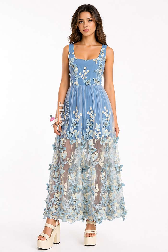 Long Sky Garden Dress with 3D Embroidery (105606)